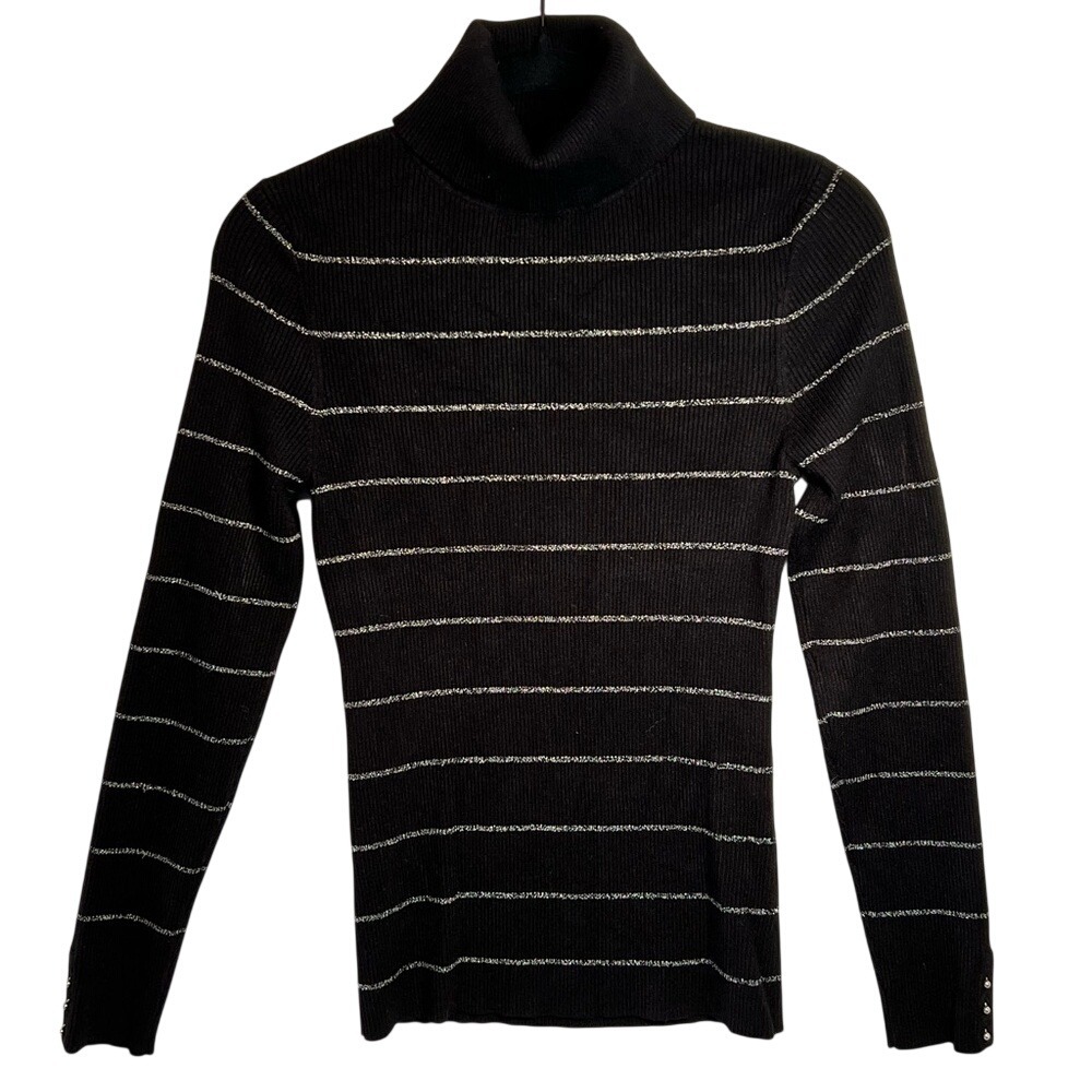 White House Black Market Women's L Black/Silver‎ Metallic Striped Ribbed Sweater
